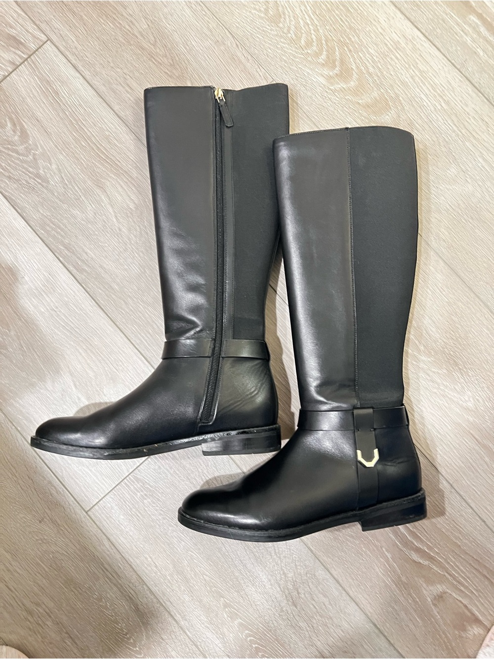 Cole Haan Black Leather Tall Riding Boots with Gold Accent